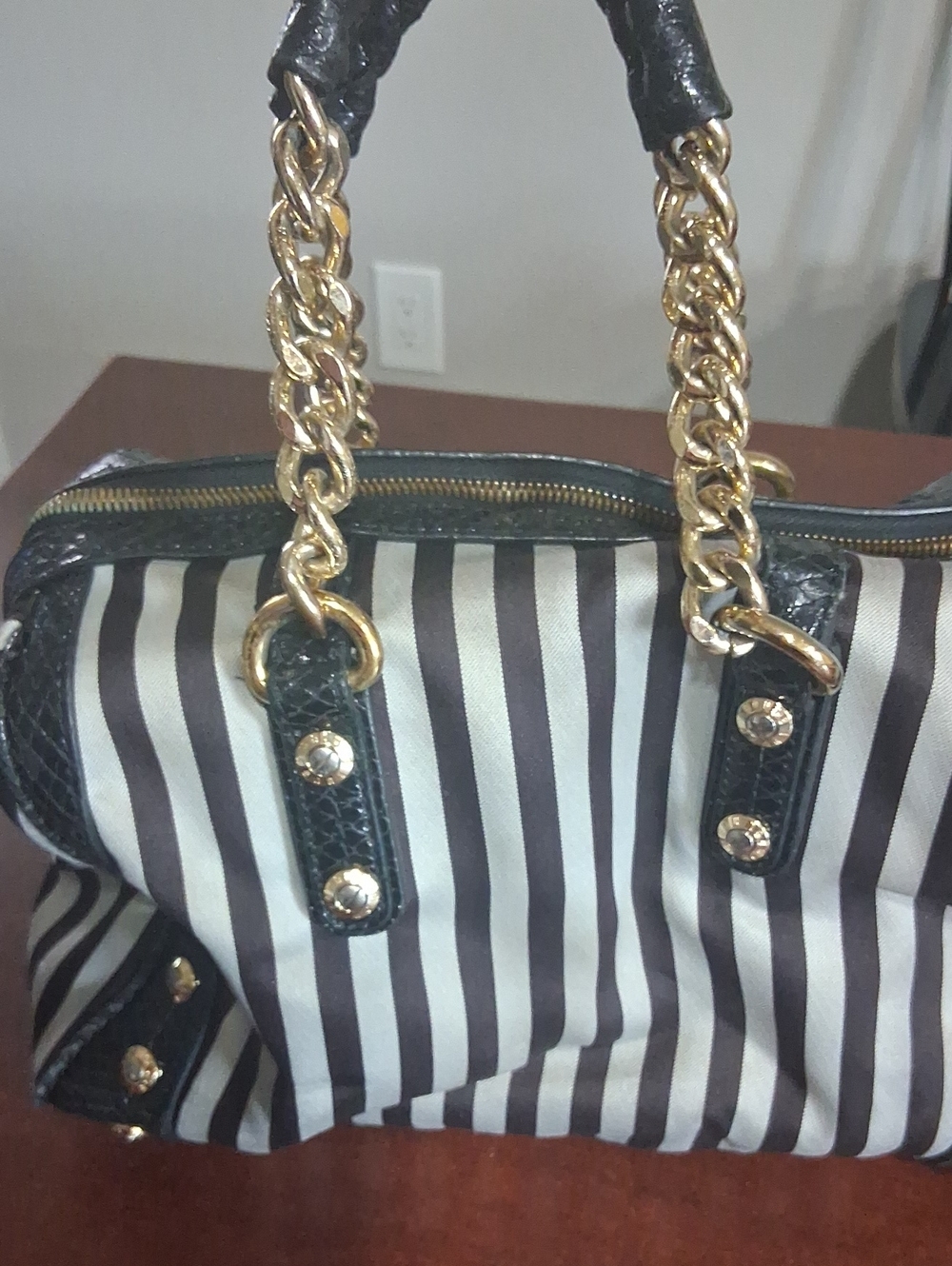 Black and White Striped Shoulder Bag with Gold Chain Handles